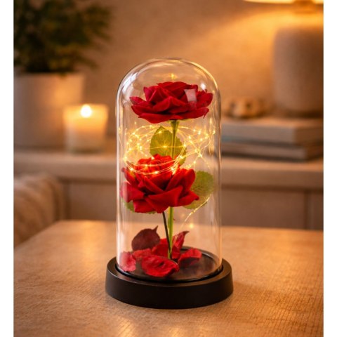LEAN Wieczne 2 Róże w Kopule z Oświetleniem LED i Płatkami Róż Czerwone 21x11cm