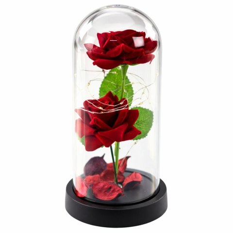 LEAN Wieczne 2 Róże w Kopule z Oświetleniem LED i Płatkami Róż Czerwone 21x11cm