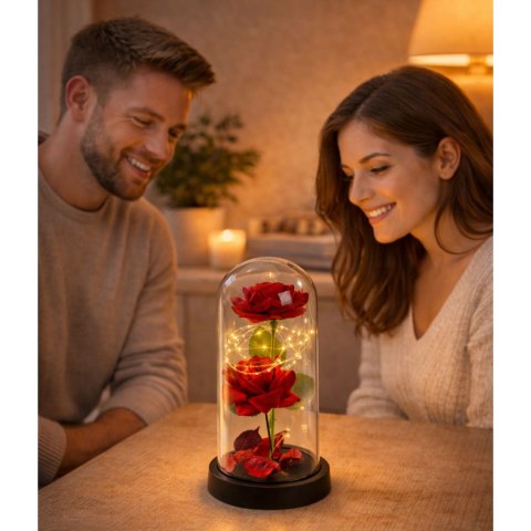 LEAN Wieczne 2 Róże w Kopule z Oświetleniem LED i Płatkami Róż Czerwone 21x11cm
