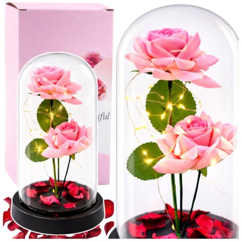 LEAN Wieczne Róże w Kopule z Oświetleniem LED i Płatkami Róż Różowe 21x11cm