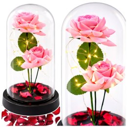 LEAN Wieczne Róże w Kopule z Oświetleniem LED i Płatkami Róż Różowe 21x11cm