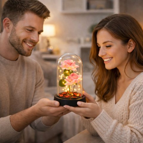 LEAN Wieczne Róże w Kopule z Oświetleniem LED i Płatkami Róż Różowe 21x11cm