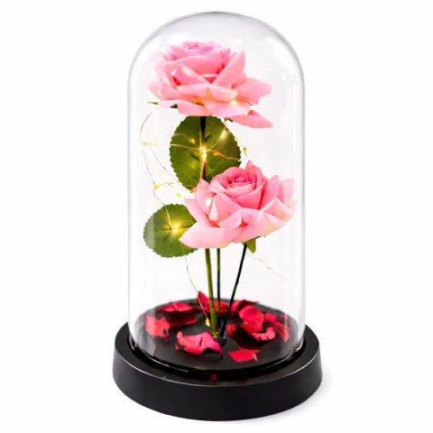 LEAN Wieczne Róże w Kopule z Oświetleniem LED i Płatkami Róż Różowe 21x11cm