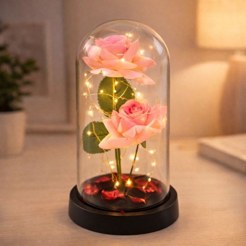 LEAN Wieczne Róże w Kopule z Oświetleniem LED i Płatkami Róż Różowe 21x11cm