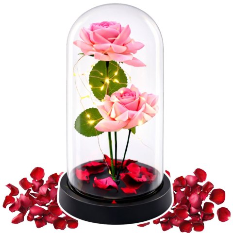 LEAN Wieczne Róże w Kopule z Oświetleniem LED i Płatkami Róż Różowe 21x11cm