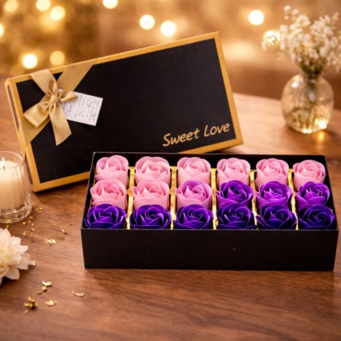 LEAN Flower Box Wieczne Pachnące Róże Kwiaty w Pudełku Fioletowe 18 szt.