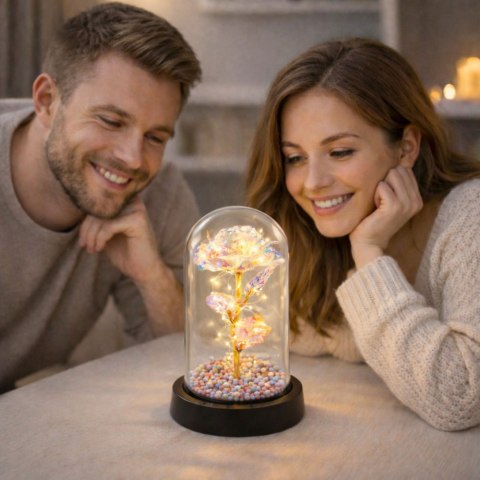 LEAN Wieczna Róża W Szklanej Kopule Oświetlenie LED Kryształowa 21,5 x 11 cm