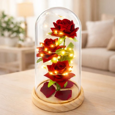 LEAN Wieczne Róże W Szklanej Kopule Oświetlenie LED Czerwone 21,5 x 11 cm