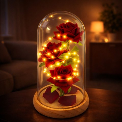 LEAN Wieczne Róże W Szklanej Kopule Oświetlenie LED Czerwone 21,5 x 11 cm