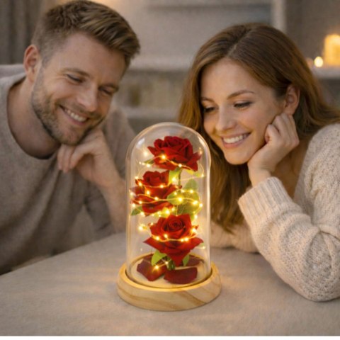 LEAN Wieczne Róże W Szklanej Kopule Oświetlenie LED Czerwone 21,5 x 11 cm