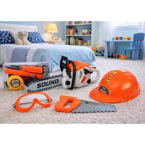 LEAN Toys Zestaw Majsterkowicza Piła Łańcuchowa Kask Okulary Narzędzia Dźwięki