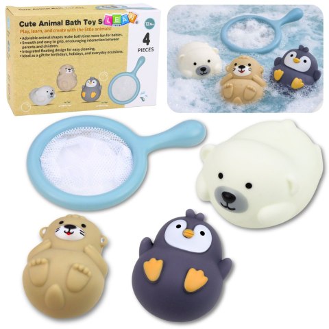 LEAN Toys Zestaw Zabawki Do Kąpieli Łowienia Gumowe Zwierzątka Sitko Pastelowe 4 el.