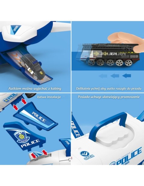 WOOPIE Samolot Rozkładany Transporter Policja z 3 Autami Policyjnymi Zestaw XL Znaki Drogowe