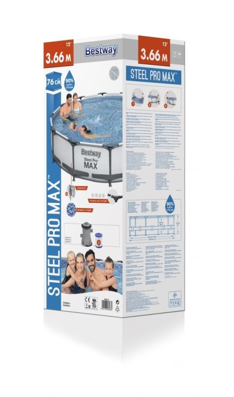 Basen Stelażowy Steel Pro MAX 366x76 Okrągły 12FT BESTWAY 3w1 + Pompa Filtr Basen Stelażowy Steel Pro MAX 366x76 Okrągły 12FT BESTWAY 3w1 + Pompa Filtr