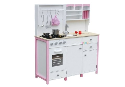 LEAN Toys Drewniana Kuchnia Dla Dzieci Różowo Biała Paula Otwierane Elementy LEAN Toys Drewniana Kuchnia Dla Dzieci Różowo Biała Paula Otwierane Elementy