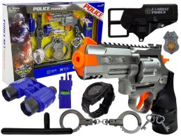 LEAN Toys Zestaw Policyjny Pistolet Kajdanki Lornetka Gwizdek Zegarek Odznaka