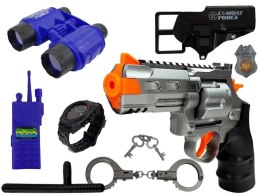 LEAN Toys Zestaw Policyjny Pistolet Kajdanki Lornetka Gwizdek Zegarek Odznaka