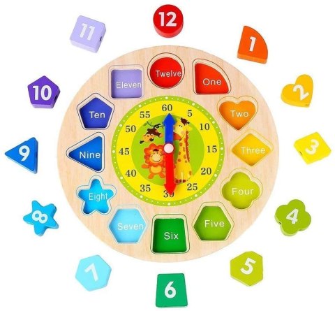 LEAN Toys Drewniany Edukacyjny Zegar Sorter Nauka Cyfry Kształty Kolory LEAN Toys Drewniany Edukacyjny Zegar Sorter Nauka Cyfry Kształty Kolory