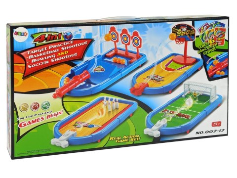 LEAN Toys Zestaw Gier Zręcznościowych 4w1 Koszykówka Piłka Nożna Tarcza Kręgle Wyrzutnia LEAN Toys Zestaw Gier Zręcznościowych 4w1 Koszykówka Piłka Nożna Tarcza Kręgle Wyrzutnia