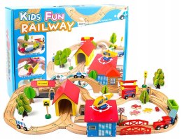 LEAN Toys Drewniany Tor Kolejka Autka Drzewa Budynki Helikopter