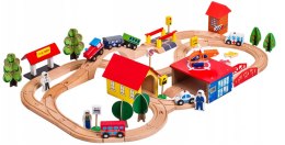 LEAN Toys Drewniany Tor Kolejka Autka Drzewa Budynki Helikopter