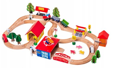 LEAN Toys Drewniany Tor Kolejka Autka Drzewa Budynki Helikopter LEAN Toys Drewniany Tor Kolejka Autka Drzewa Budynki Helikopter