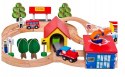 LEAN Toys Drewniany Tor Kolejka Autka Drzewa Budynki Helikopter