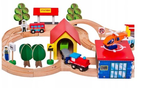 LEAN Toys Drewniany Tor Kolejka Autka Drzewa Budynki Helikopter LEAN Toys Drewniany Tor Kolejka Autka Drzewa Budynki Helikopter