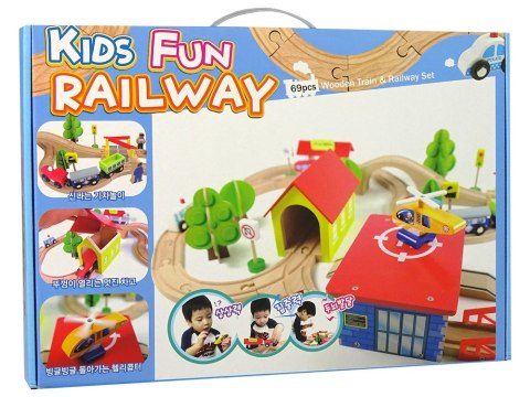 LEAN Toys Drewniany Tor Kolejka Autka Drzewa Budynki Helikopter LEAN Toys Drewniany Tor Kolejka Autka Drzewa Budynki Helikopter