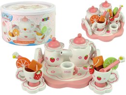 LEAN Toys Drewniany Zestaw Do Herbatę Różowy Kwiatki Dzbanek Taca