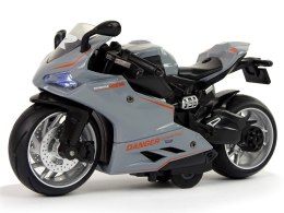 LEAN Toys Motocykl Sportowy Szary Pomarańczowe Pasy 1:12 Napęd Pull-Back Dźwięk Światła
