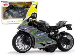 LEAN Toys Motocykl Sportowy Szary Zielony Pasy 1:12 Napęd Pull-Back Dźwięk Światła