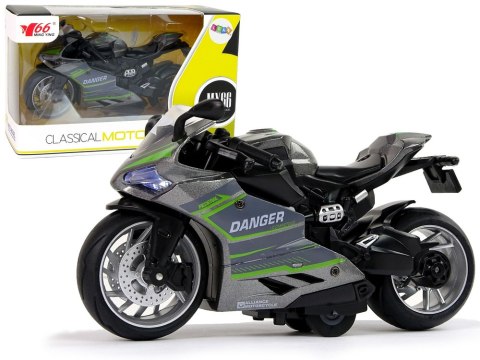 LEAN Toys Motocykl Sportowy Szary Zielony Pasy 1:12 Napęd Pull-Back Dźwięk Światła