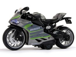 LEAN Toys Motocykl Sportowy Szary Zielony Pasy 1:12 Napęd Pull-Back Dźwięk Światła