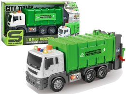 LEAN Toys Śmieciarka Napęd Frykcyjnym Efekty Dźwiękowe Zielona 1:16 Segregowanie