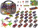 LEAN Toys Zestaw Auta Sportowe Resoraki Dinozaury Akcesoria Znaki Drogowe Walizka