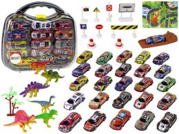 LEAN Toys Zestaw Auta Sportowe Resoraki Dinozaury Akcesoria Znaki Drogowe Walizka