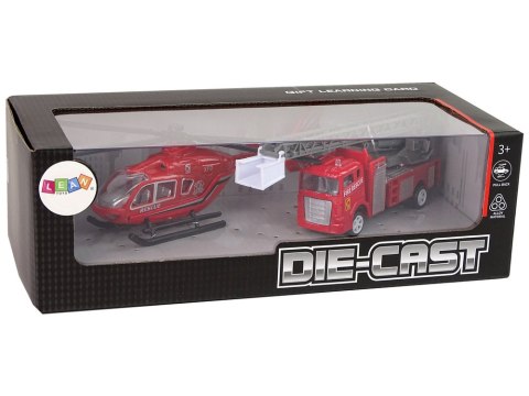LEAN Toys Zestaw Autek Straż Pożarna Drabina Naciąg Helikopter LEAN Toys Zestaw Autek Straż Pożarna Drabina Naciąg Helikopter