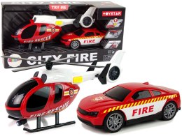 LEAN Toys Zestaw Pojazdów Helikopter Auto Straż Pożarna Dźwięk Czerwone