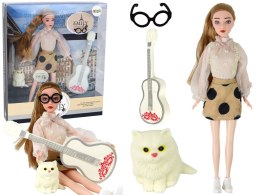 LEAN Toys Lalka Dla Dzieci Emily z Gitarą Okulary Długie Blond Włosy Kotek