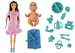 LEAN Toys Lalka Dla Dzieci W Ciąży Mama Dziecko Różowa Sukienka Akcesoria