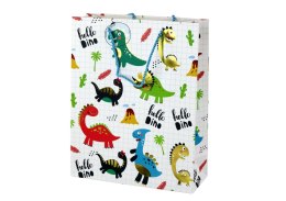 LEAN TOYS Papierowa Torba Prezentowa Biała W Kratkę Dinozaury 32 cm x 26 cm x 10 cm
