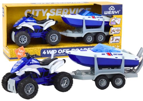 LEAN Toys Quad Policyjny z Przyczepą do przewozu Łodzi oraz Motorówką LEAN Toys Quad Policyjny z Przyczepą do przewozu Łodzi oraz Motorówką