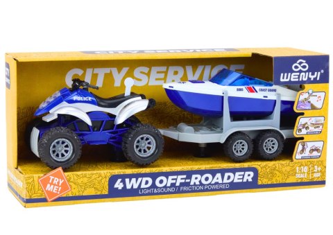 LEAN Toys Quad Policyjny z Przyczepą do przewozu Łodzi oraz Motorówką LEAN Toys Quad Policyjny z Przyczepą do przewozu Łodzi oraz Motorówką