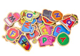 LEAN Toys Zestaw Magnesy Drewniane Literki Obrazki Zwierzęta Przedmioty 26 Sztuk