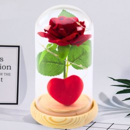 LEAN Wieczna Róża w Kopule z Oświetleniem LED Czerwona z Serduszkiem 14x8cm