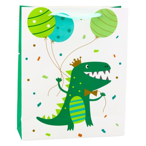 LEAN Torba Prezentowa Dinozaur Z Balonami Biało Zielona 32 x 26 x 10cm LEAN Torba Prezentowa Dinozaur Z Balonami Biało Zielona 32 x 26 x 10cm