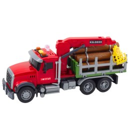 LEAN Toys Ciężarówka Z Dźwigiem Do Drewna Światła Dźwięki Czerwona 1:14