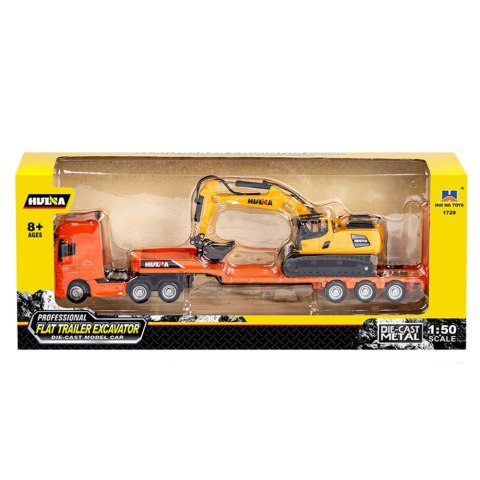 HUINA Ciężarówka z Naczepą Laweta Koparka Metalowa Huina Pomarańczowa 1:50 HUINA Ciężarówka z Naczepą Laweta Koparka Metalowa Huina Pomarańczowa 1:50