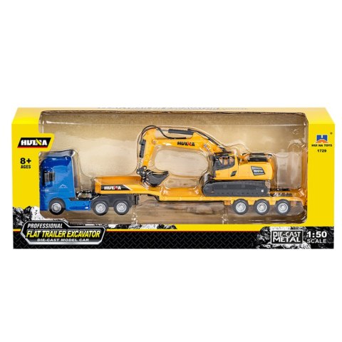 HUINA Ciężarówka z Naczepą Laweta Koparka Metalowa Huina Żółta 1:50 HUINA Ciężarówka z Naczepą Laweta Koparka Metalowa Huina Żółta 1:50